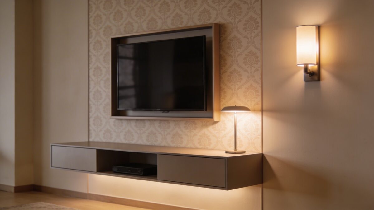 An intimate corner layout with a fixed, wall-mounted TV, a sleek floating media unit, and a subtle wallpaper pattern that mirrors the TV frame, plus soft task lighting from a wall sconce.