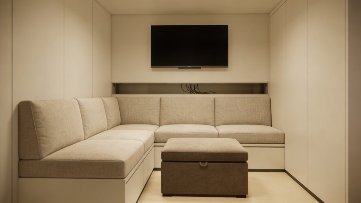 A multi-functional tiny living room: a compact sectional, a storage ottoman, and a slim low-profile TV mounted flush to the wall, cables concealed within a back channel, in a warm neutrals palette.