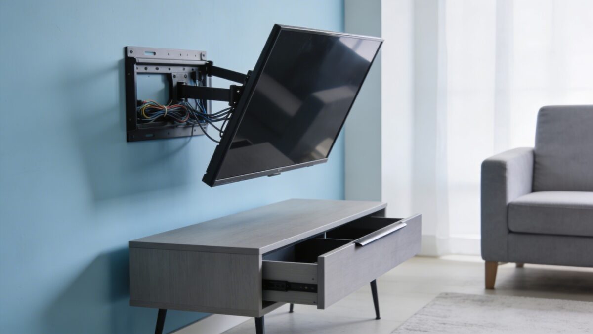 A cozy studio-style space showing a tilt/swivel TV mount for varied viewing angles, a hidden-cable back panel, and a narrow, unobtrusive coffee table that doubles as storage, all in cohesive cool tones.