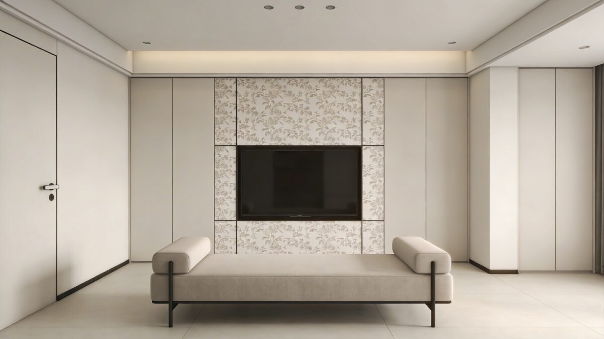A minimalist small living room with a fixed TV integrated into a wall panel, a slim sofa with compact arms, and a statement wallpaper behind the TV that matches the frame, creating a seamless, uncluttered focal point.