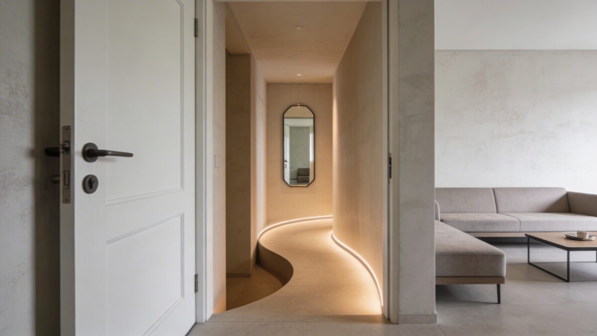 A front door opening into a narrow corridor that leads to a main seating area, featuring a wall-mounted mirror to create the illusion of space, a gentle S-curve traffic flow with low-profile furniture, and a soft neutral color palette.