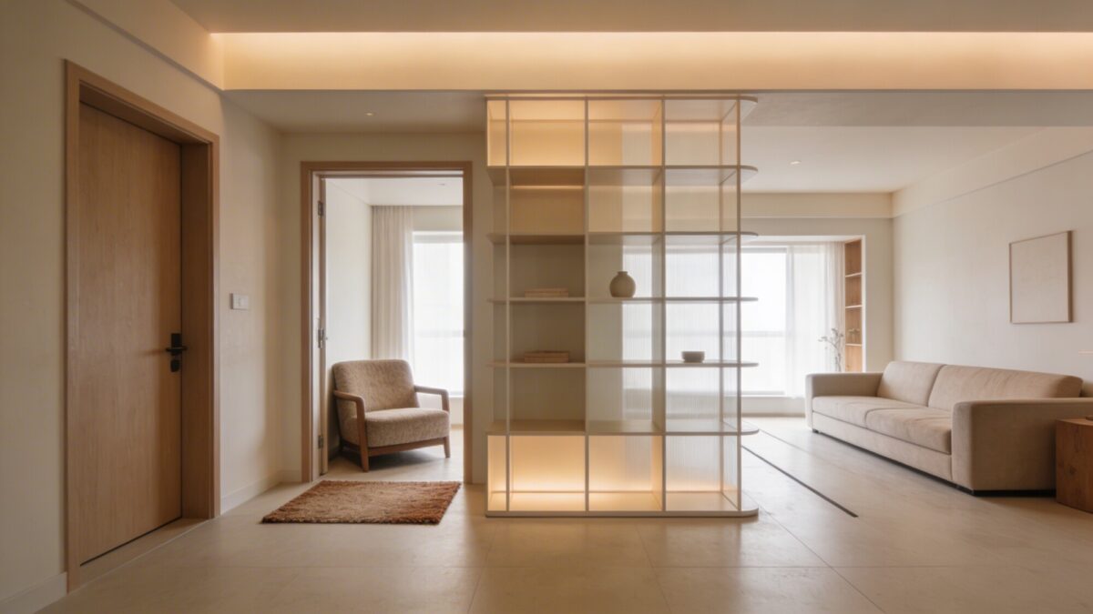 An entry space visually separated from the living area by a lightweight, open-shelving unit and a small rug, with a cozy armchair tucked near the doorway, ensuring clear circulation toward the sofa.