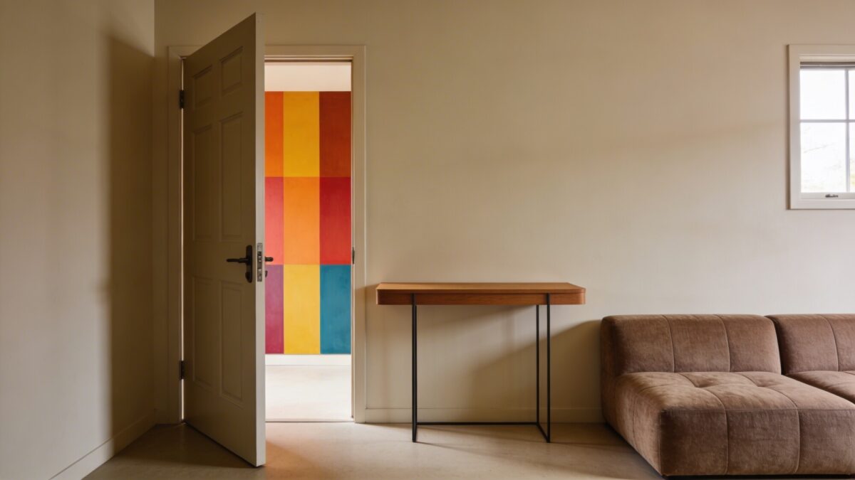 A front door scene where the door swings inward, with a slim console table serving as a landing spot, a colorful accent wall cue, and a compact sectional or loveseat oriented to face a focal point without blocking the entry.
