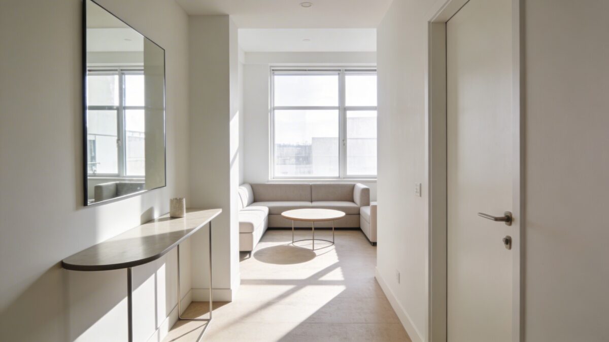A bright daytime shot of a tiny living room layout showing a reflective mirror above a slim console, a rounded coffee table, and a compact sofa placed to create an inviting, unobstructed path from door to seating area.