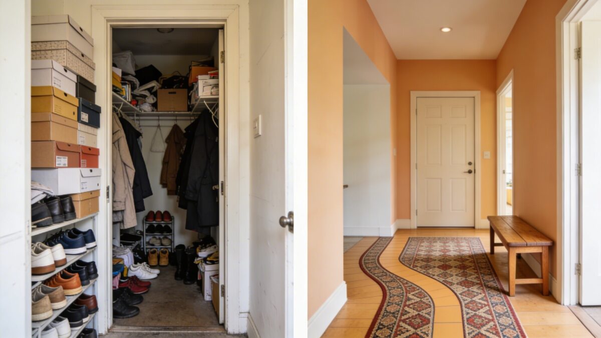 An energizing before-and-after style image: entrance with a cluttered, blocked doorway transformed into a welcoming entry with a jogged traffic path, a small bench, and a visually inviting rug and color cues.