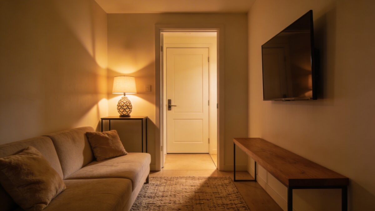 A cozy evening scene inside a compact living room: warm lighting, a front door opening into the space, a slim console with a decorative lamp, a low-profile sofa aligned to face a wall-mounted TV or focal feature, and a visible, unobstructed route from door to seating.