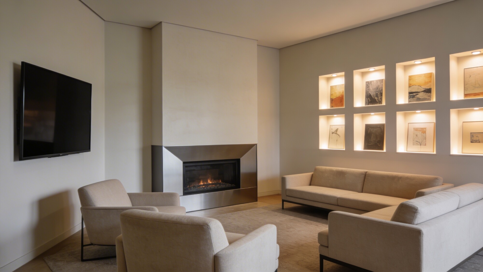 A living room corner with clear focal point choices: a wall-mounted TV on one focal wall, a modern fireplace on another, and an art wall with gallery lighting, showing neutral furniture arranged around the chosen focal point without clutter.