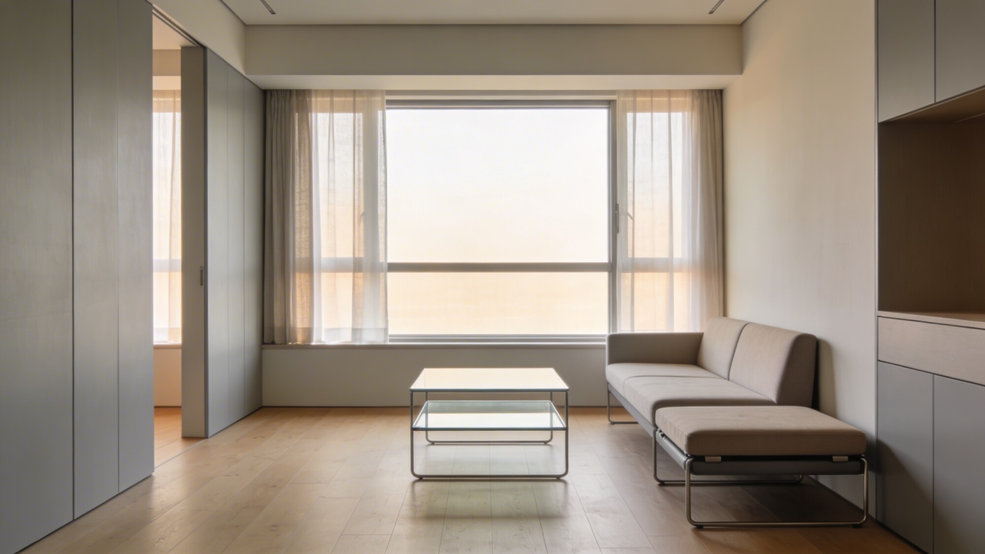 A compact living room by a large window, featuring a slim sofa, a pair of floating nesting coffee tables, and multipurpose seating to maximize open floor space, with soft natural light and no text.