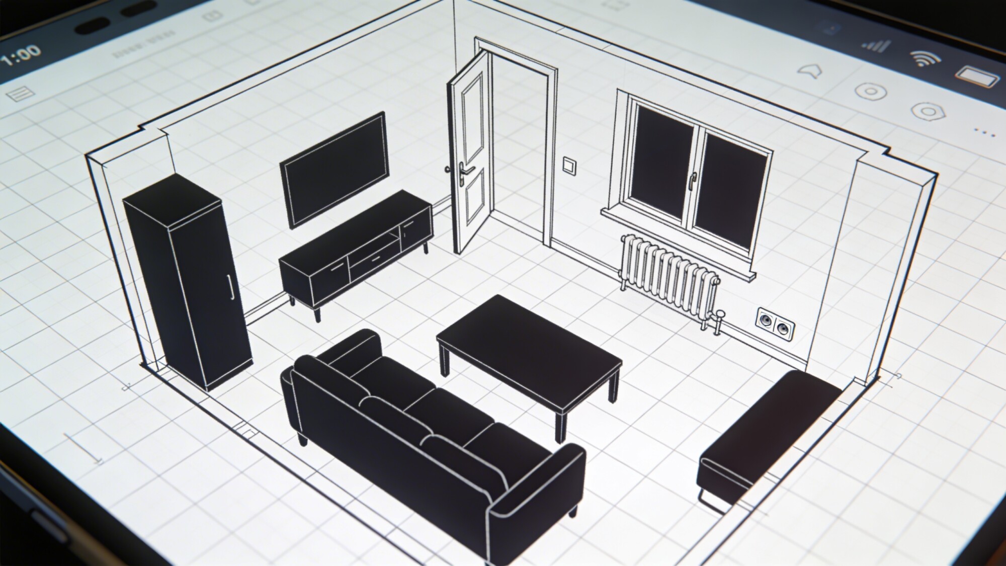 A floor plan sketch scene: grid paper or a digital app screen displaying a drawn room with labeled fixed elements (door swings, radiator, outlets) and scaled furniture silhouettes, shown from a top-down perspective.