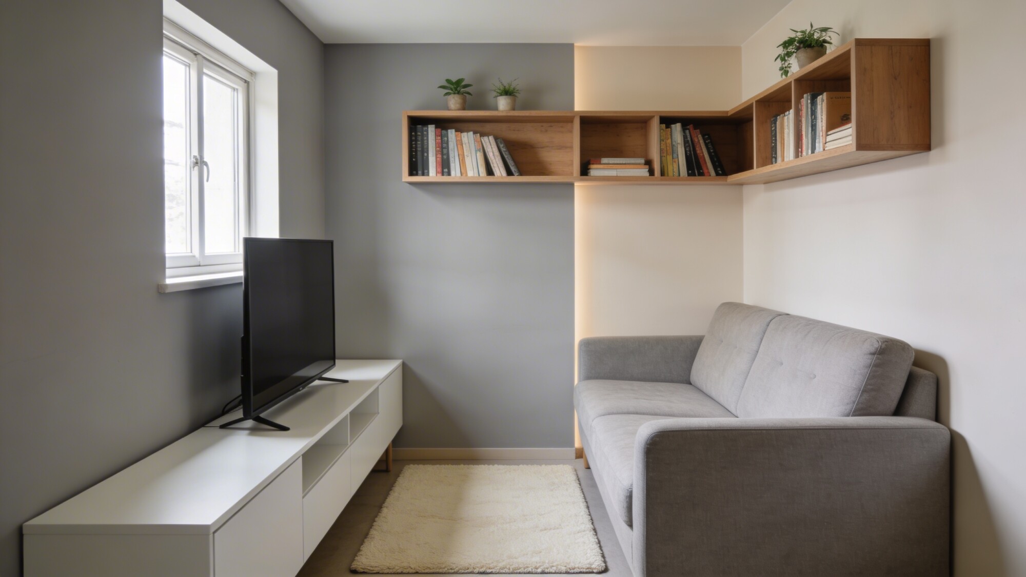 A micro-living layout in a small room: sofa, slim media console, wall-mounted shelving, and a compact rug, demonstrating clear zones for seating, TV viewing, and reading, all photographed from eye level with unobtrusive decor.