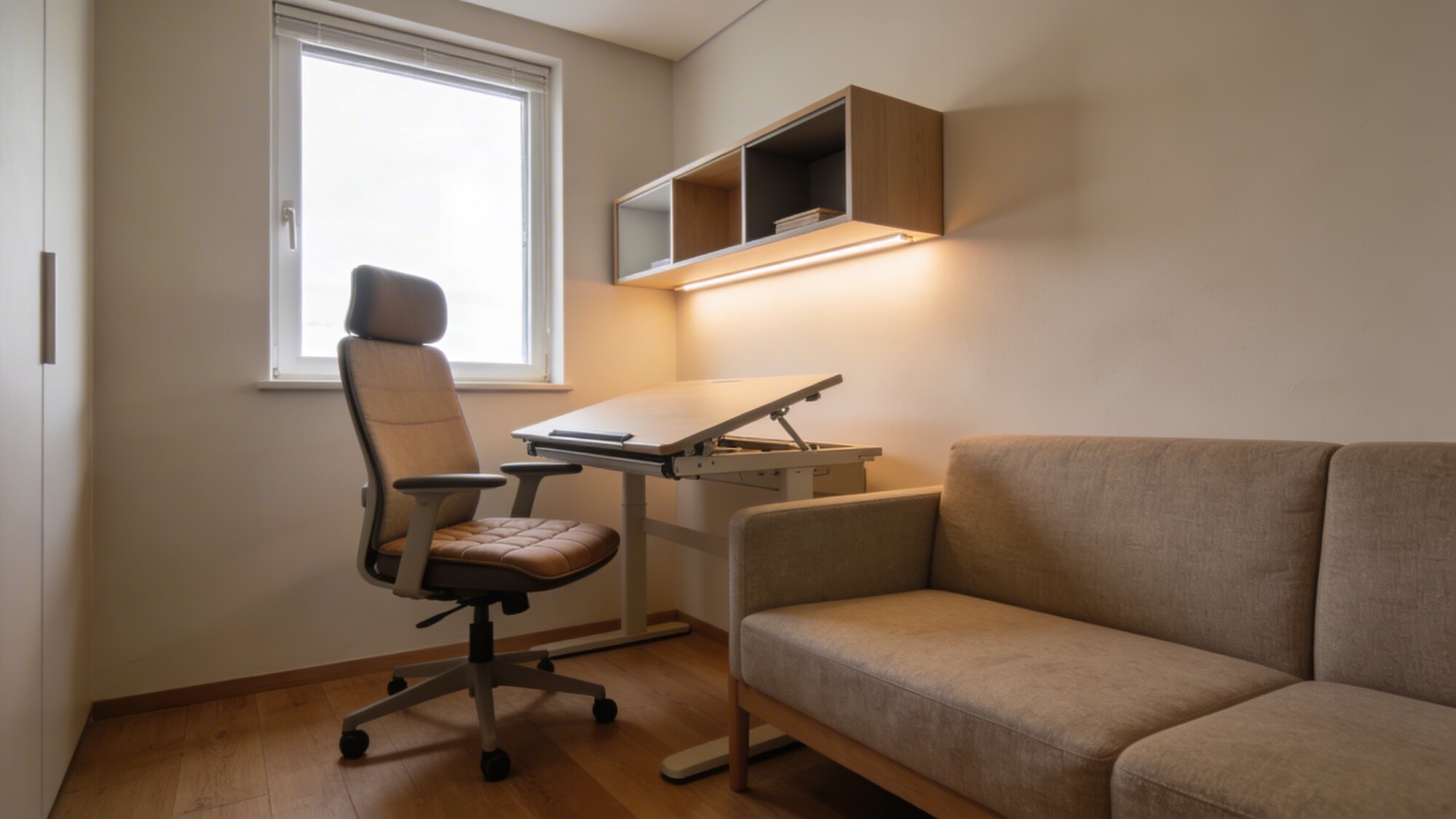 An annotated work/learning nook within a living room: a small desk or fold-down table, task chair, wall-mounted lighting, and shelving, integrated into the seating arrangement to maximize usable space.