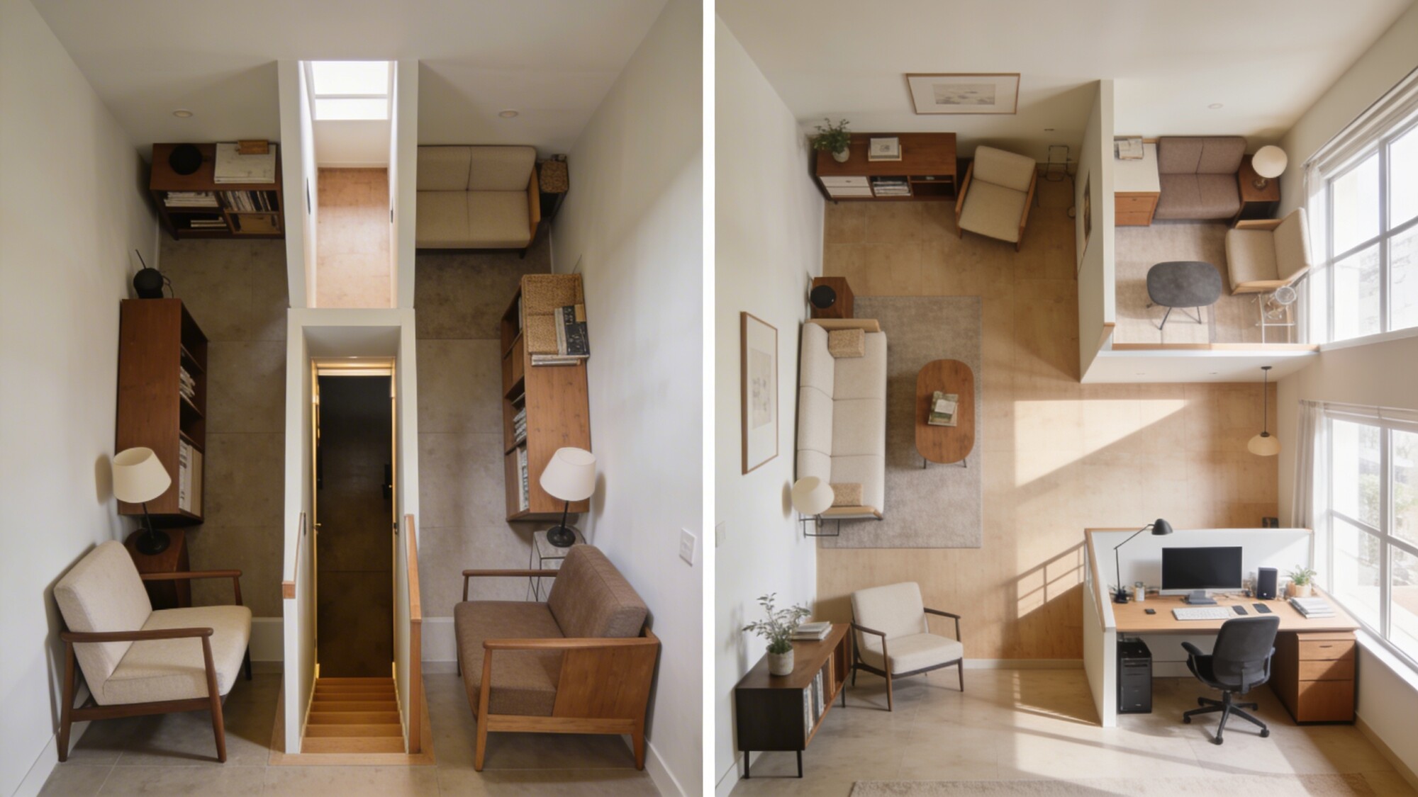 A “before and after” style image sequence: left side shows cramped layout with wasted dead zones, right side shows optimized layout with furniture repositioned to create clear circulation paths and functional zones.