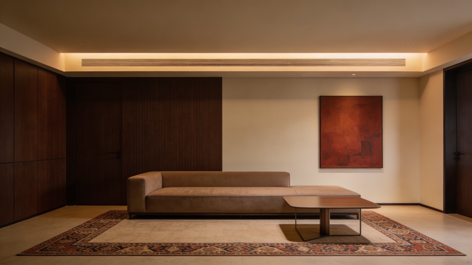 A color- and texture-rich living room with a streamlined layout: low-profile sofa, slender coffee table, a rug that defines a seating zone, and a single bold focal wall art piece, with balanced negative space.