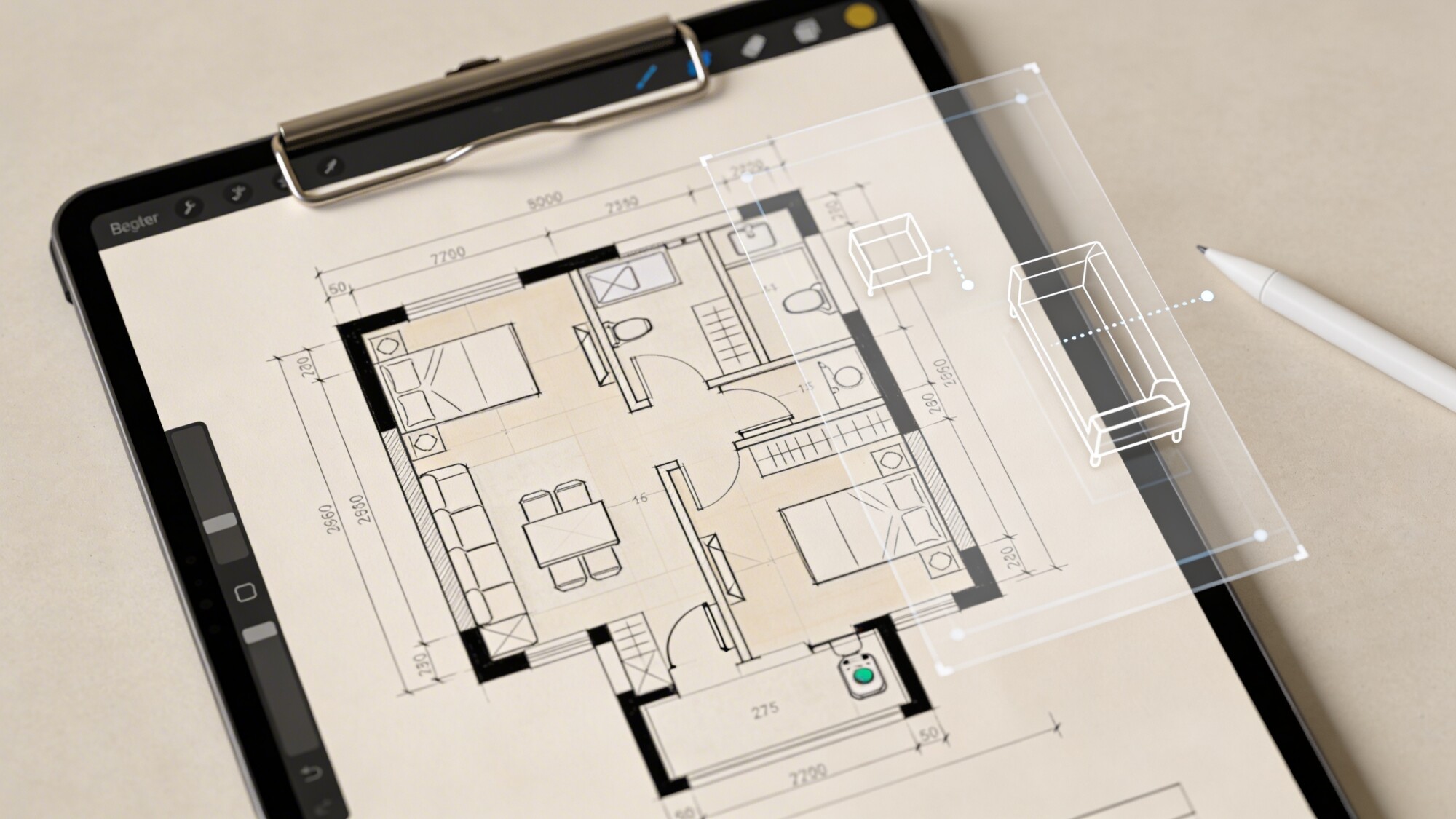A practical quick-layout plan on a tablet or clipboard: a drawn floor plan with scaled furniture blocks, markings for door swings and outlets, and a transparent overlay showing potential repositioning to test flow, photographed for clarity.