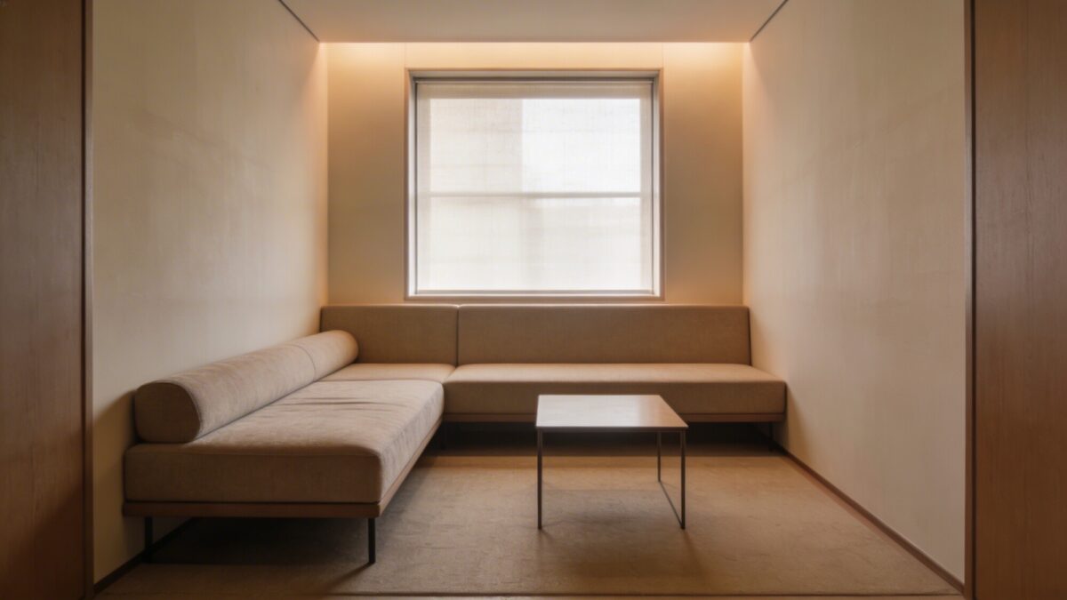 A compact living room featuring a low-profile sectional with a chaise on the left, centered in a narrow rectangular space, with a slim coffee table and a large window behind, warm ambient lighting, and a soft neutral palette.