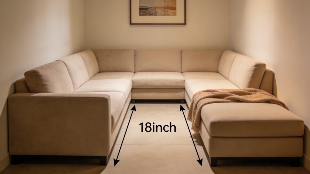 An L-shaped sectional in a small room arranged to create a clear walkway along the traffic side, with 18-inch clearance arrows subtly illustrated on the floor, a cozy throw blanket draped over the chaise, and a minimalist wall with a single framed artwork.