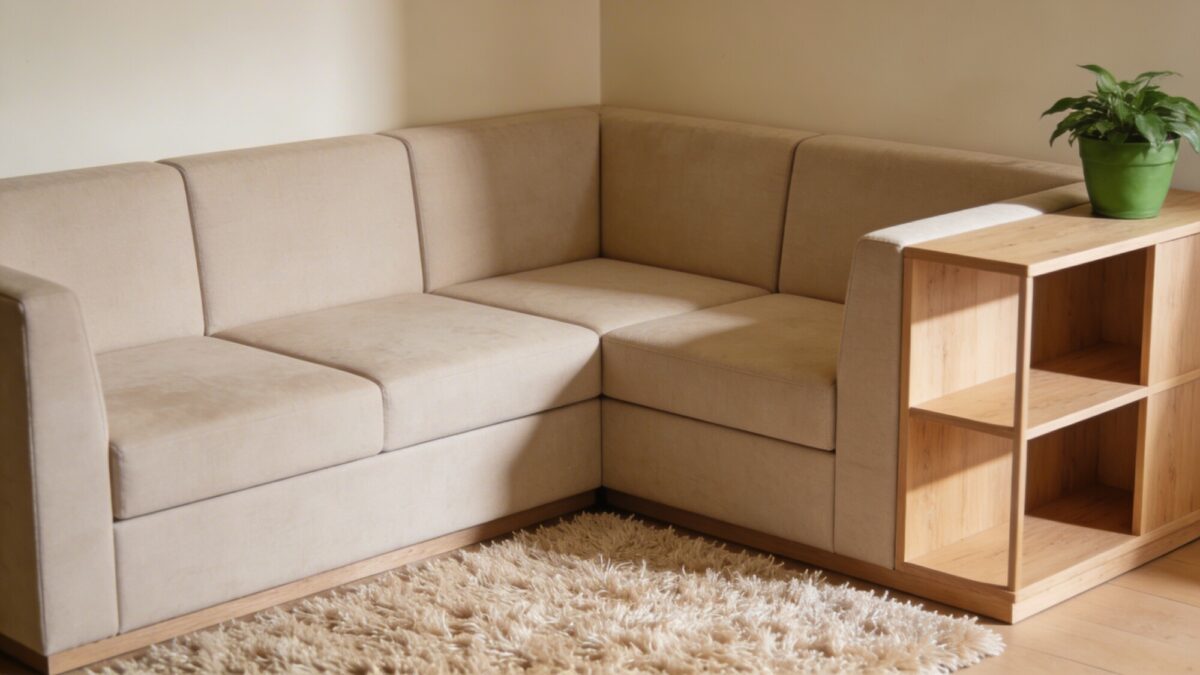 A modular sectional in a tight corner layout, showing individual modular pieces connected to form an adaptable setup, with a small shag rug, light wood shelving, and a plant for a fresh accent.