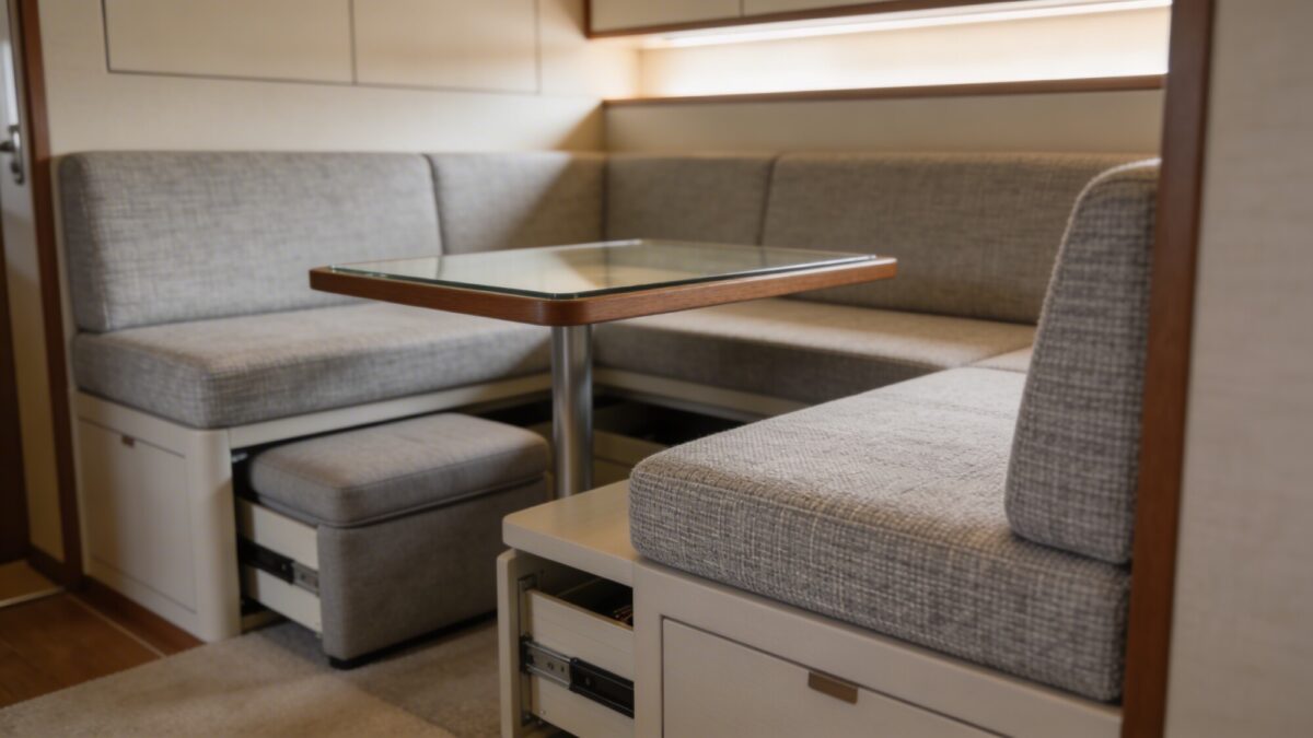 A tiny living room perspective emphasizing a built-in-looking sectional configuration that maximizes seating, a slim coffee table, ottoman tucked nearby, and hidden storage beneath the seating cushions.