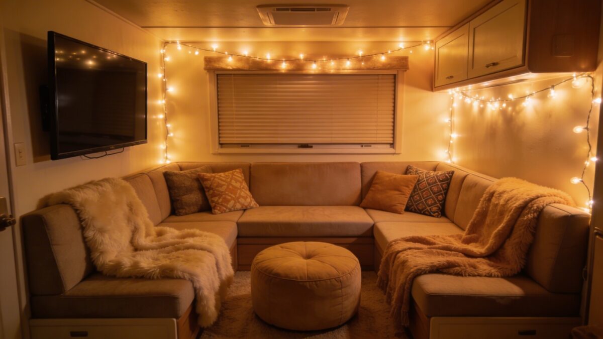 A cozy movie-night setup in a compact space: sectional arranged to face a wall-mounted TV, a pouf ottoman serving as a coffee alternative, warm string lights, and soft textiles to enhance coziness.