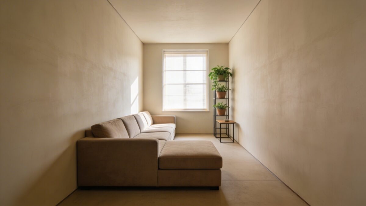 A narrow room with a sectionals’ chaise extending toward a window, creating a visual flow that guides the eye through the space, with vertical plant stand and a small side table on the opposite end.