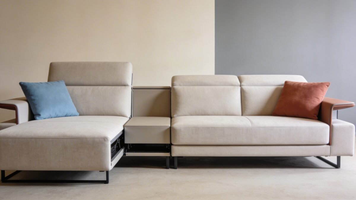A sectional-centered layout with a modular option being rearranged mid-scene to demonstrate versatility, including a quick-change backdrop with a neutral wall color and a single accent pillow color shift.