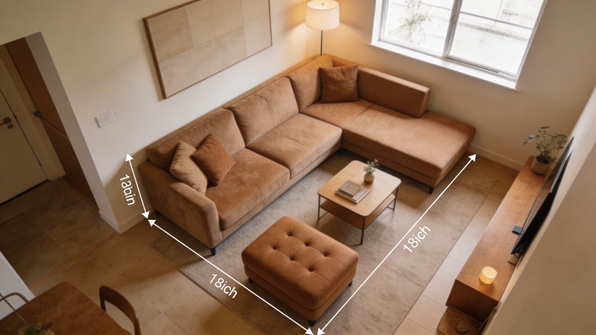 An overhead view of a small living room showing optimal 18-inch walking path around the sectional, clearly labeled distances, with a compact coffee table and an ottoman that doubles as extra seating, all in cohesive earthy tones.