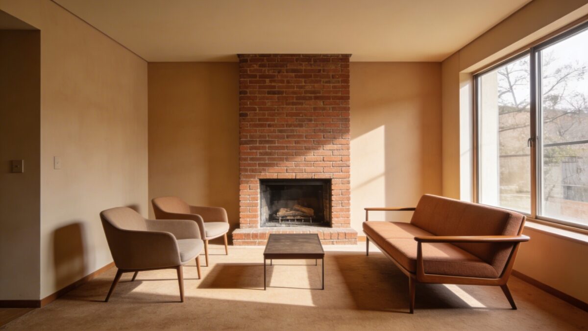 A compact living room with a chimney brick fireplace as the focal point, a mid-century slim-arm sofa at 84 inches positioned to face the hearth, two lightweight accent chairs forming a cozy conversation nook, and a small rectangular coffee table kept within 18 inches of seating, natural light streaming from a large window on the side.