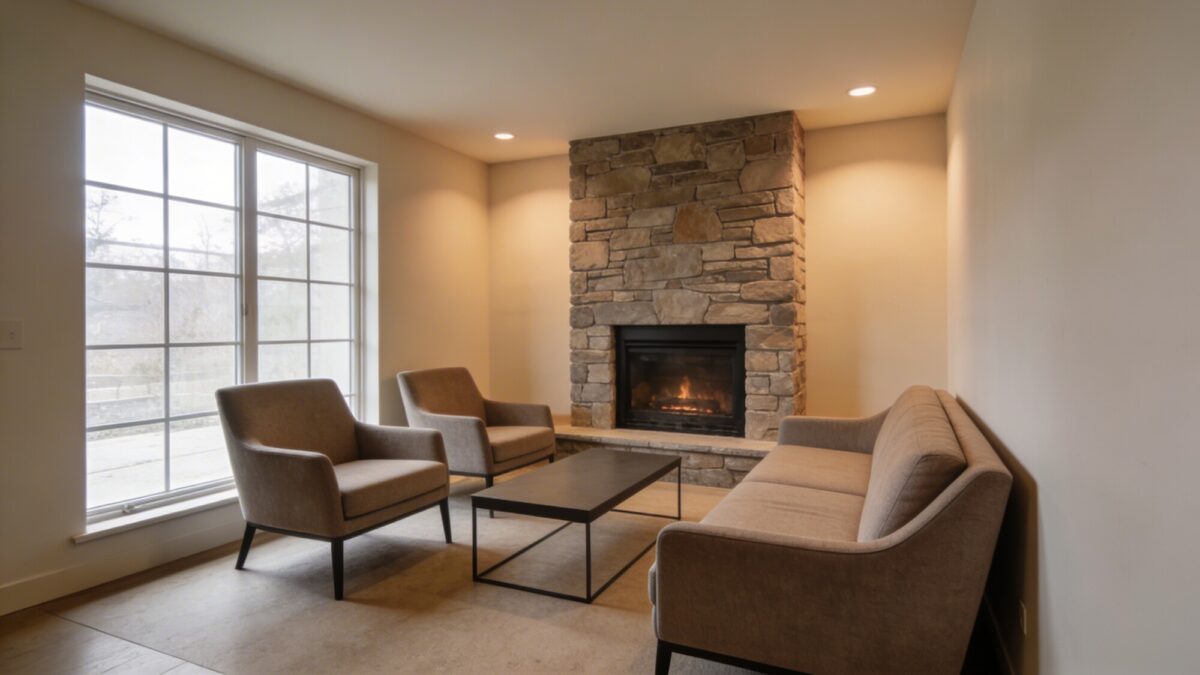 Small living area layout showing a corner fireplace, a snug conversation nook with two chairs facing the hearth, a slim-armed sofa angled slightly toward both fire and window, and a low-profile coffee table centered to maintain clear traffic flow.
