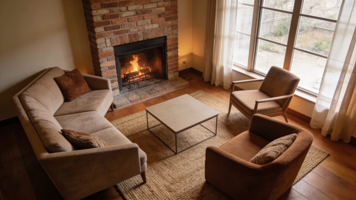 Cozy fireplace-centric seating area in a small living room: primary seating facing the hearth, an angled sofa to optimize sightlines to both the fire and a large window, two chairs forming a snug conversation nook, and a minimalist coffee table.