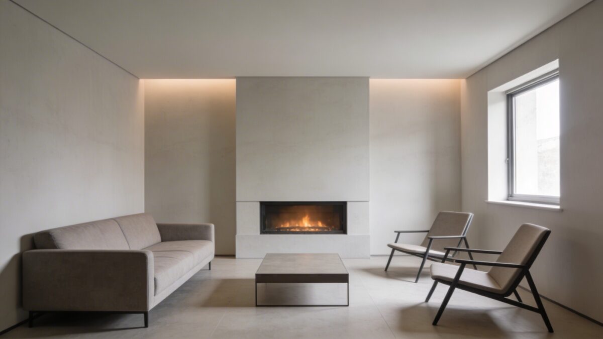 Minimalist small living room with a fireplace on a short wall, a single long sofa (84–92 inches) facing the fireplace, two slim-arm chairs angled to create a flow, and a low-profile coffee table that preserves open pathways.