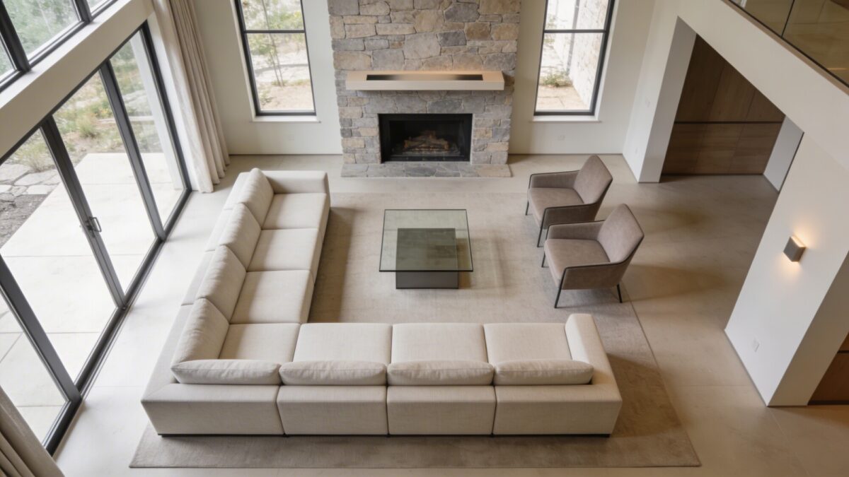 Sectional-friendly small living room layout: L-shaped or modular sofa positioned to face a central fireplace, two slim chairs creating a corner conversation zone, a compact coffee table, and ample negative space around the seating for easy movement.
