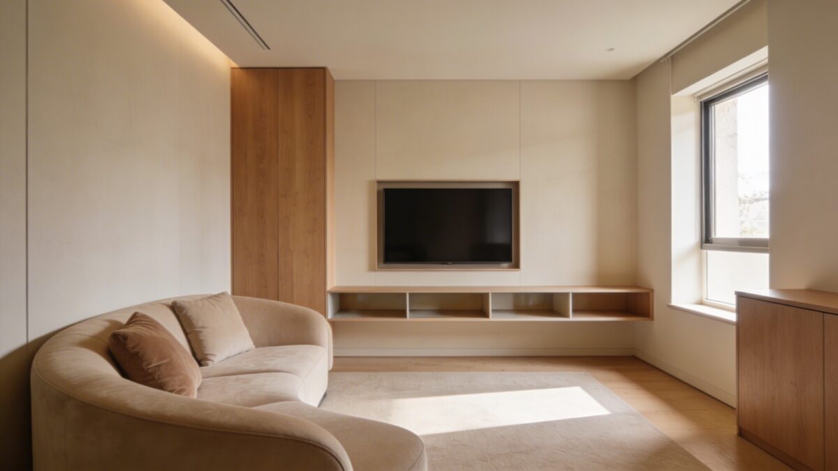 A compact living room with a slim wall-mounted TV framed by a low, open-concept media console, curved corner sofa, and natural light from a nearby window, showing clean sightlines and a cozy, inviting atmosphere.