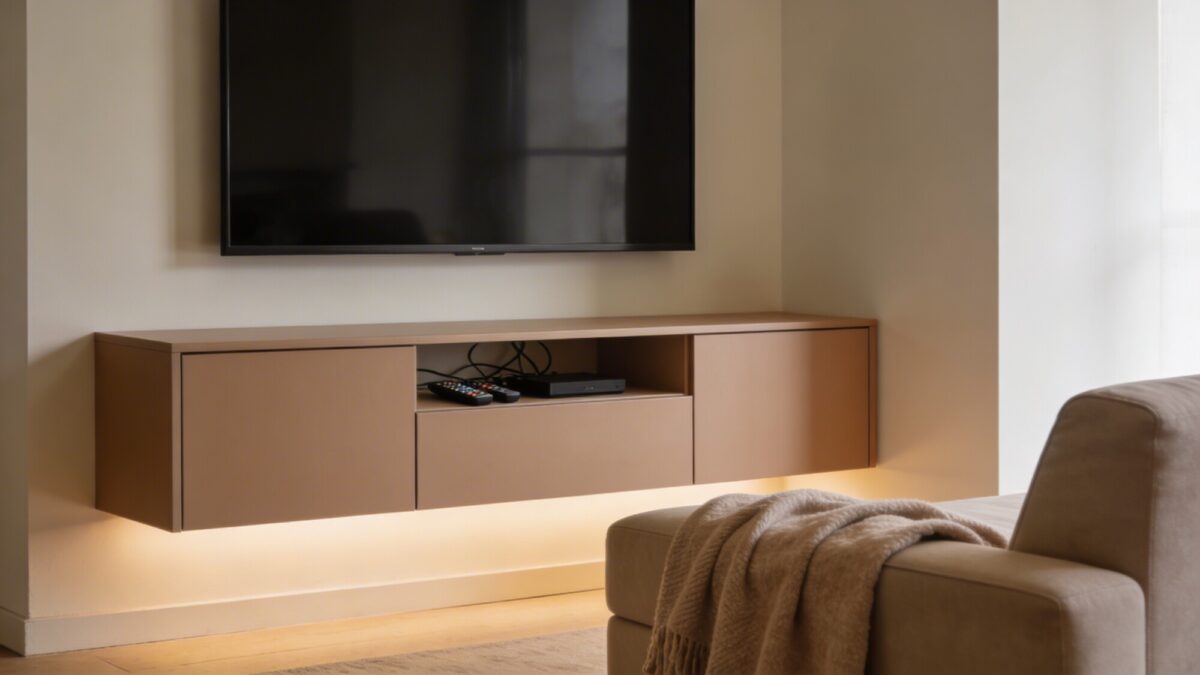 A small living room corner featuring a floating media cabinet with closed storage, hiding remotes and cables, with a matte-screen TV above and a soft throw blanket draped on the sofa, in a warm neutral palette.