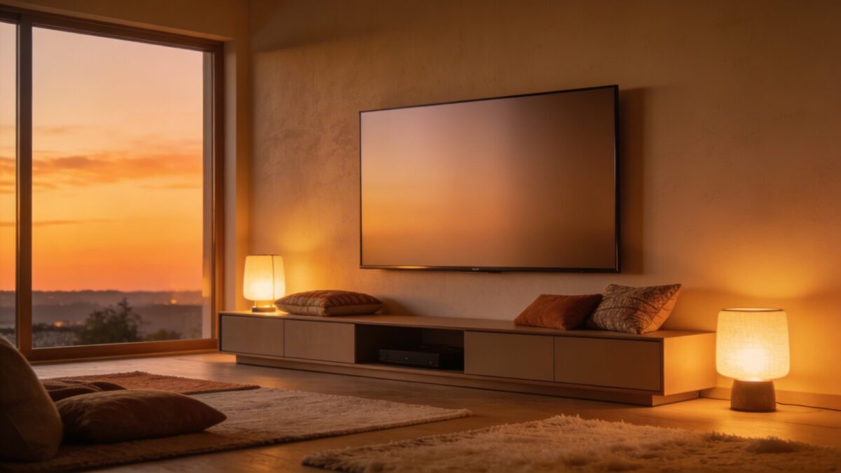 A living room at dusk: TV mounted on the wall with a matte screen, surrounded by a low media console and a few decorative cushions, ambient lamps, and soft rugs to create a cozy focal point.
