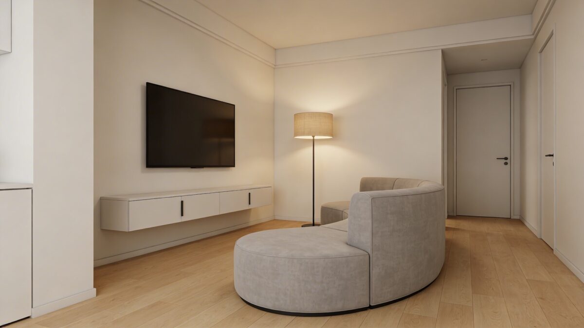 An ultra-compact setup showing a curved corner sofa facing a slim wall-mounted TV, with a narrow floating cabinet beneath and a floor lamp providing soft lighting, all arranged to keep pathways open.