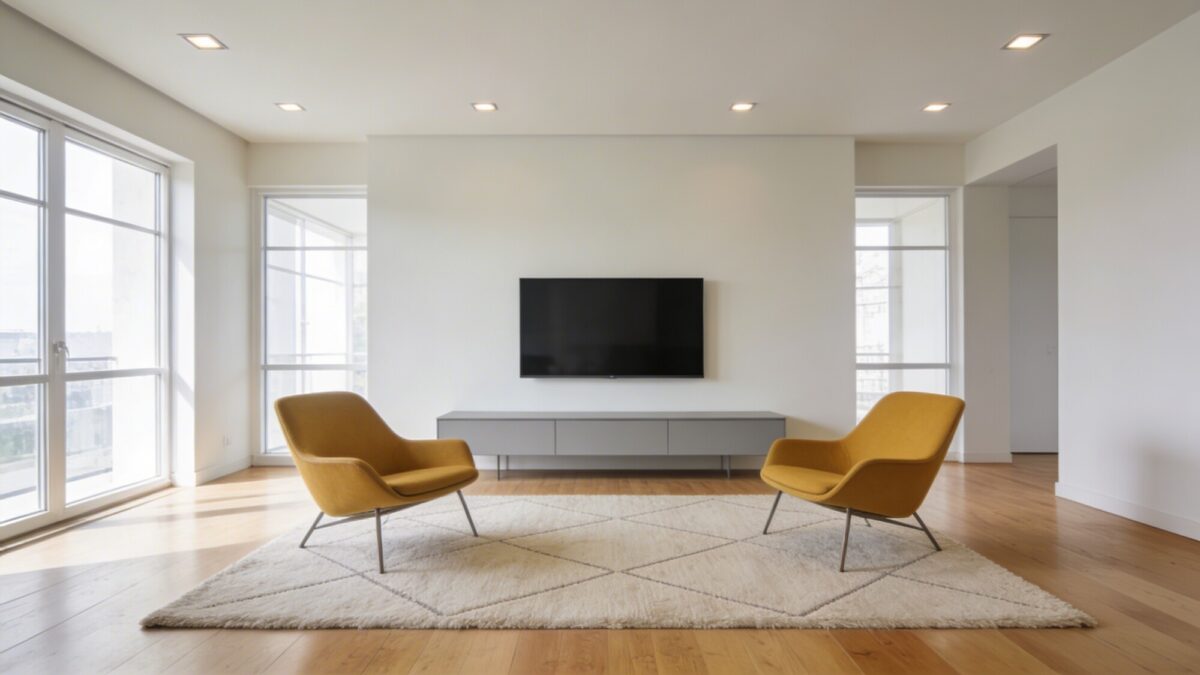 A bright, modern living room with a slim, wall-mounted TV, a low, solid-color media console, and a pair of accent chairs placed to optimize sightlines, rug anchoring the seating area, and minimal clutter.