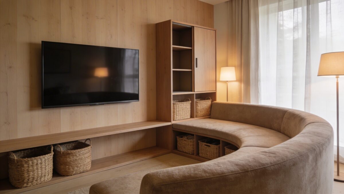 A cozy, functional setup showing a TV mounted at eye level, a curved corner sofa, a slim shelving unit on one side, and baskets for storage, with soft textures and natural materials to soften the tech-forward vibe.