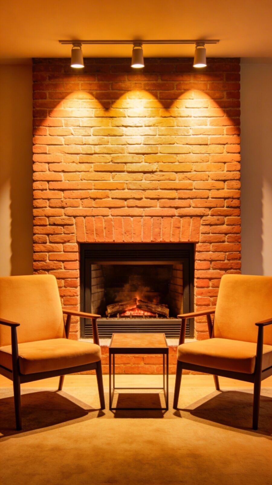 Warm-toned living room with a brick fireplace, slim-arm chairs, a compact coffee table within 18 inches of seating, and carefully placed lighting to emphasize the fireplace as the room’s anchor.