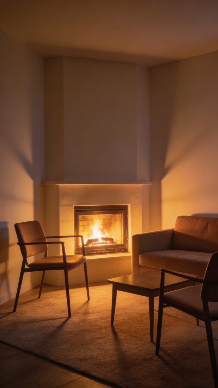 Nighttime view of a small living room with a glowing fireplace, warm neutral palette, sofa, two slim-arm chairs, and a small coffee tabl soft ambient lighting highlighting the fireplace as the room’s focal point.