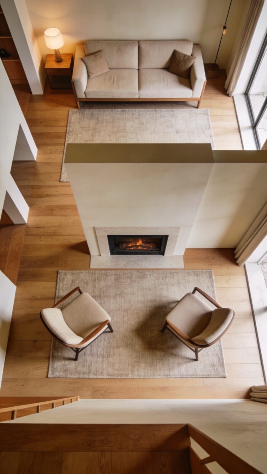 Overhead top-down view of a foot room, sofa on a short wall, two chairs arranged to create zones around the fireplace, and a balanced rug anchoring the seating area without crowding walkways.
