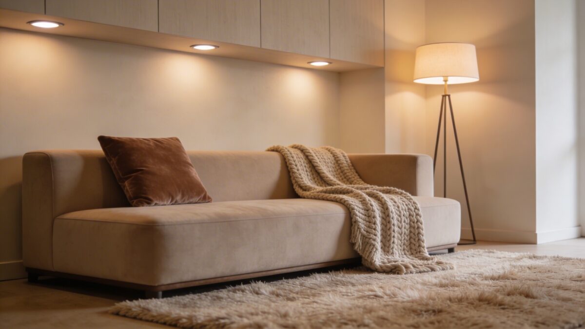 A modern cozy living room interior featuring clean lines, a chunky knit throw draped over a streamlined sofa, a velvet cushion, and a brushed wool rug; warm ambient lighting from recessed fixtures and a floor lamp, neutral palette with beige, taupe, and soft browns, no clutter.