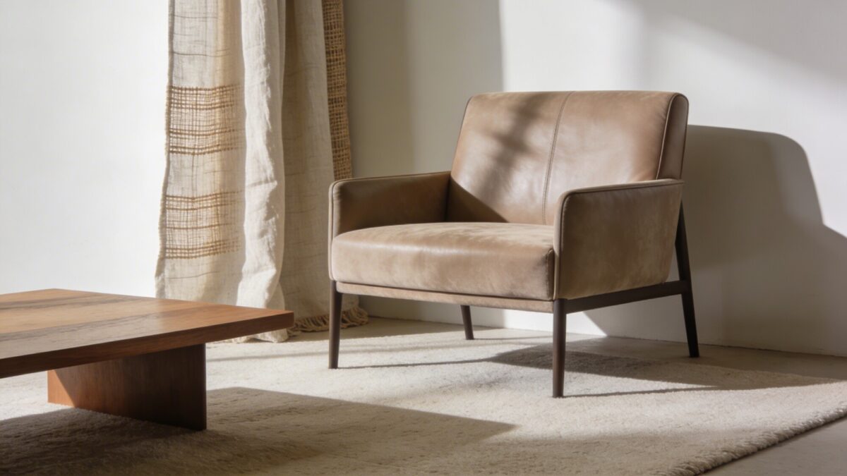 A minimalist seating area with a leather/faux leather chair, a linen curtain, and a low-profile coffee table; textures conveyed through shadows and light on suede, wool, and wood surfaces.