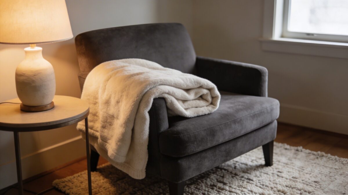 A cozy corner featuring a large, soft blanket folded over an accent chair, a textured rug underfoot, and a warm glow from a table lamp; subtle color palette of oatmeal, charcoal, and cream.
