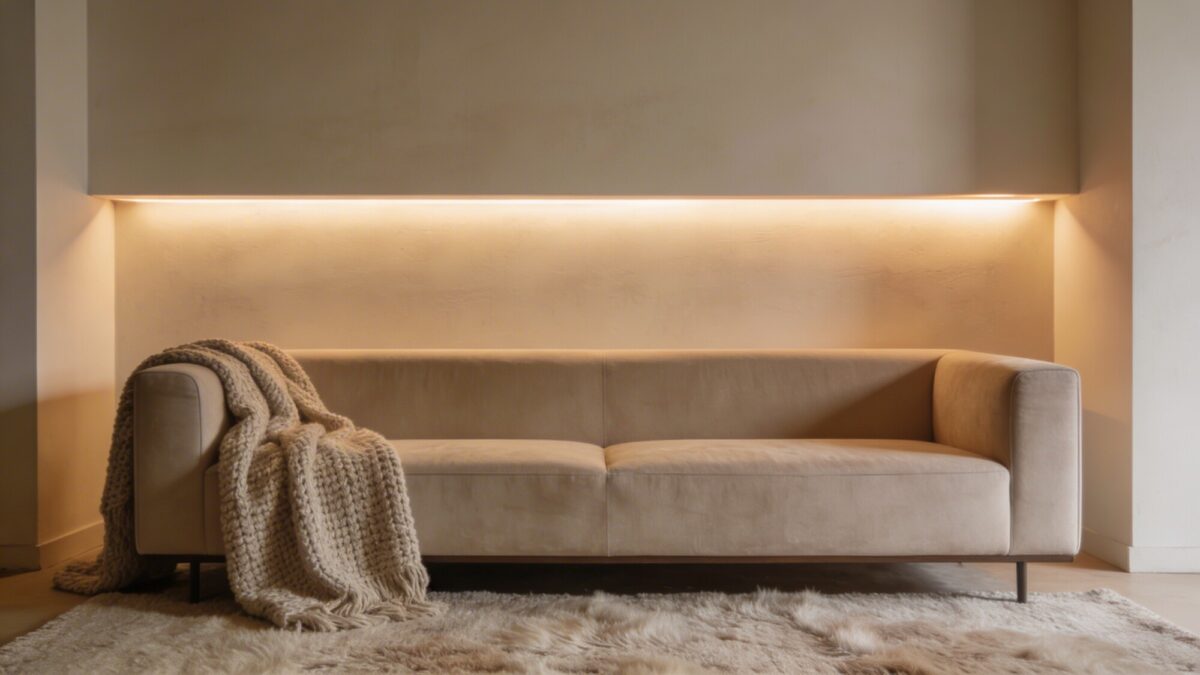 A modern living room where clean architectural lines meet soft textures: a low, wide sofa, a chunky knit throw, a brushed wool rug, and a recessed wall light that creates a hugging glow.