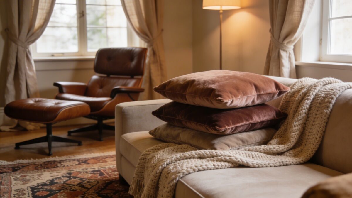 An inviting lounge with mixed fabrics: leather seats, linen drapes, a velvet cushion stack, and layered textiles arranged to show depth without visual clutter; warm, even lighting.
