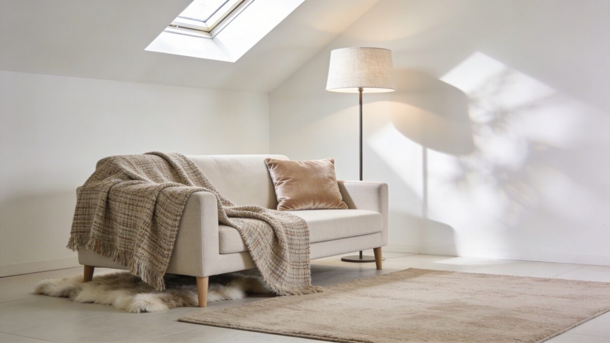 A bright, airy modern space with soft furnishings: a tweed-like throw, a velvet pillow, a sheepskin accent, and a neutral-toned rug; light from a floor lamp and skylight creating gentle shadows.