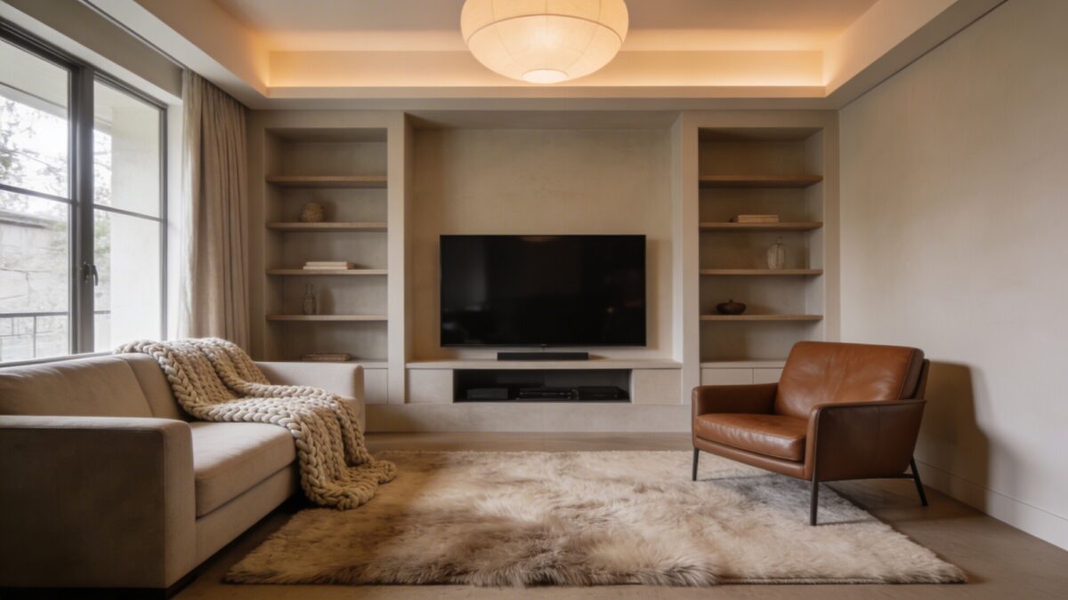 A polished yet cozy media nook: a sofa with a chunky knit throw, a faux leather chair, a brushed wool rug, and a warm, diffused ceiling light; balanced textures and a calm, hug-friendly palette.