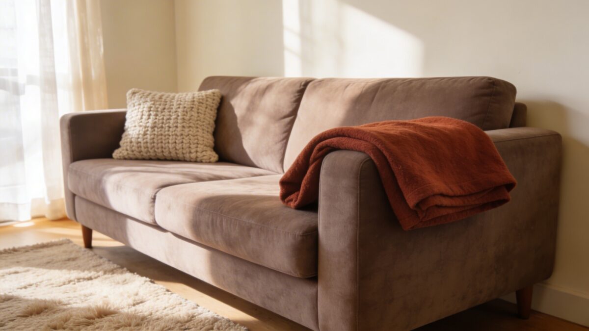A bright, small living room corner with a neutral cream wall, a plush taupe sofa, and a terracotta throw blanket folded over the arm, layered with a textured knit pillow and a soft beige area rug; warm afternoon light filtering through sheer curtains, no clutter, cozy and inviting atmosphere.