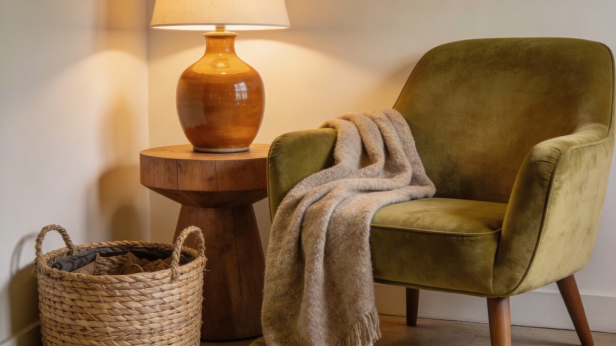 Close-up of a corner vignette showcasing layered textures: a velvet olive lounge chair beside a wooden side table, a matte ceramic lamp casting warm amber light, a woven basket for storage, and a cozy throw draped over the chair, subtle color palette of creams, taupe, and olive greens.