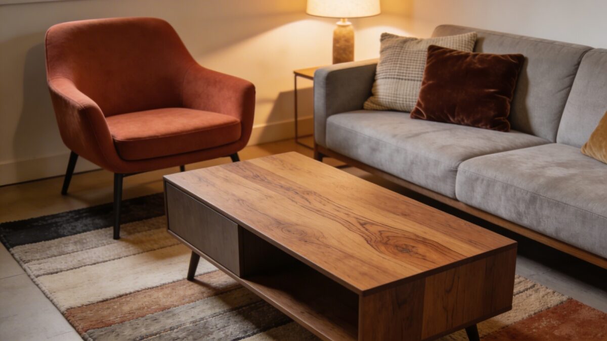 A compact living room layout featuring an accent chair in terracotta, a low-profile coffee table with a wood finish, a light gray sofa with mixed textures (linen and velvet), and a layered rug combination, with soft ambient lamp lighting creating gentle shadows.